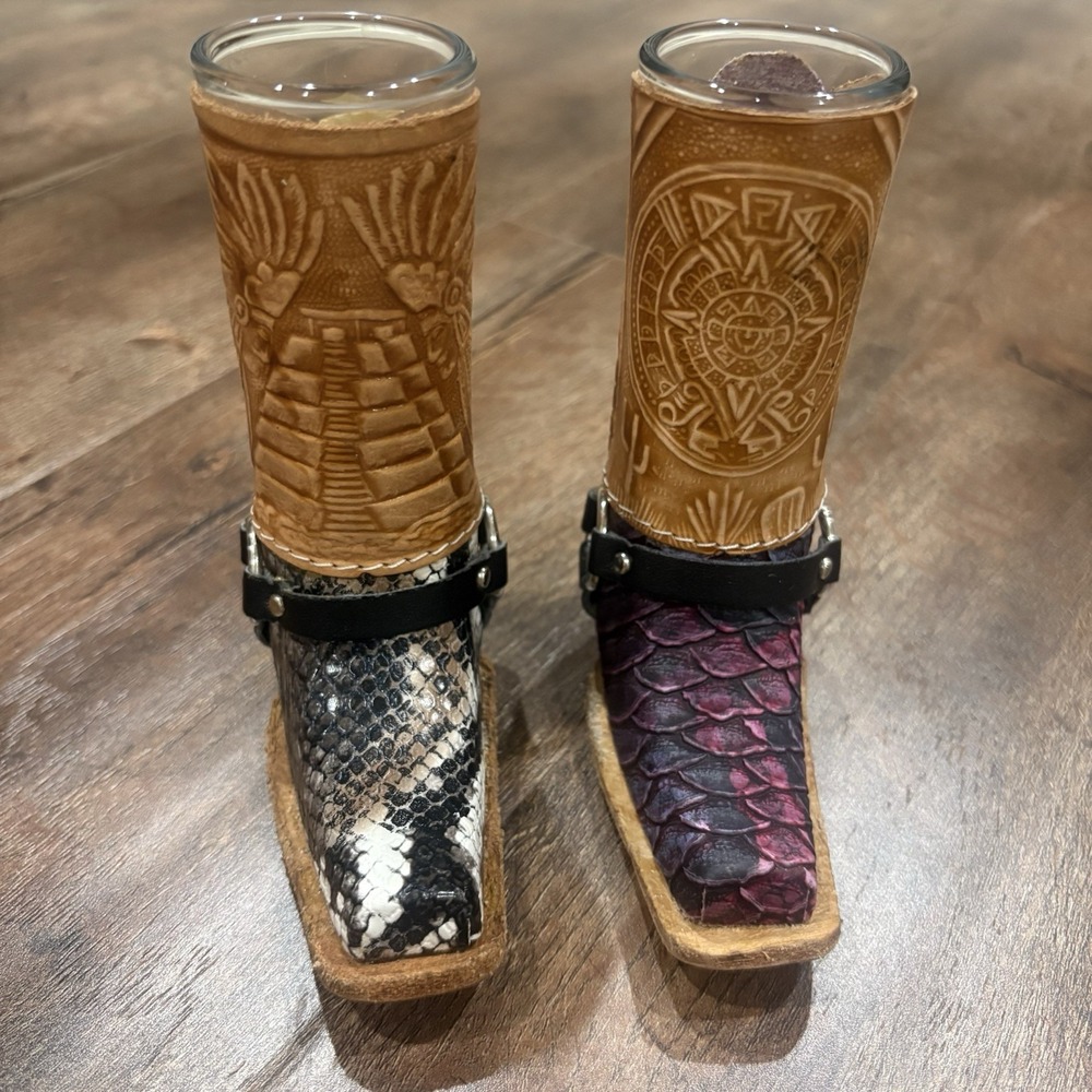 Cowboy Boot Shot Glasses Leather Wrapped Cabo San Lucas Mexico Barware Set of 2